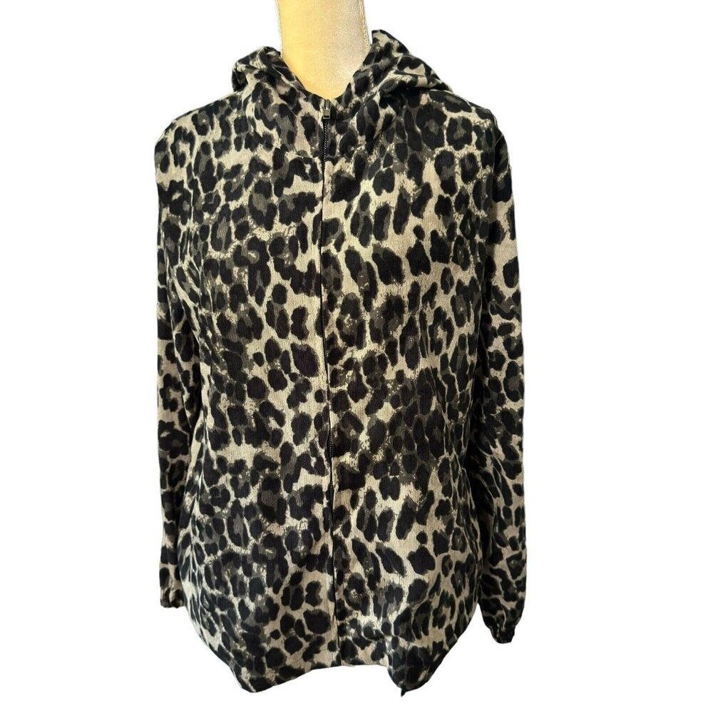 Women Jacket Full Zip Leopard Hooded Long Sleeve Pockets Casual Large